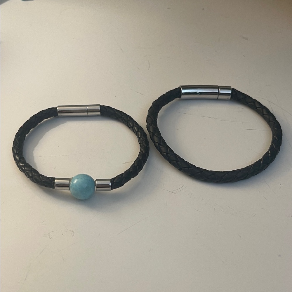 Pair of Black Braided Bracelets with Blue Bead